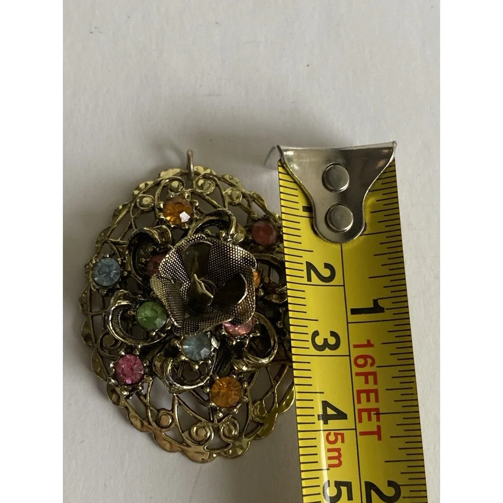 Flower Rhinestone Pendant Gold Tone Layered With‎ Colorful Rhinestones Vintage